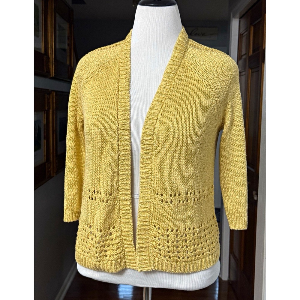 Chico's Gold Metallic Open-Knit Open Front Lightweight Cardigan Sweater 1 Medium